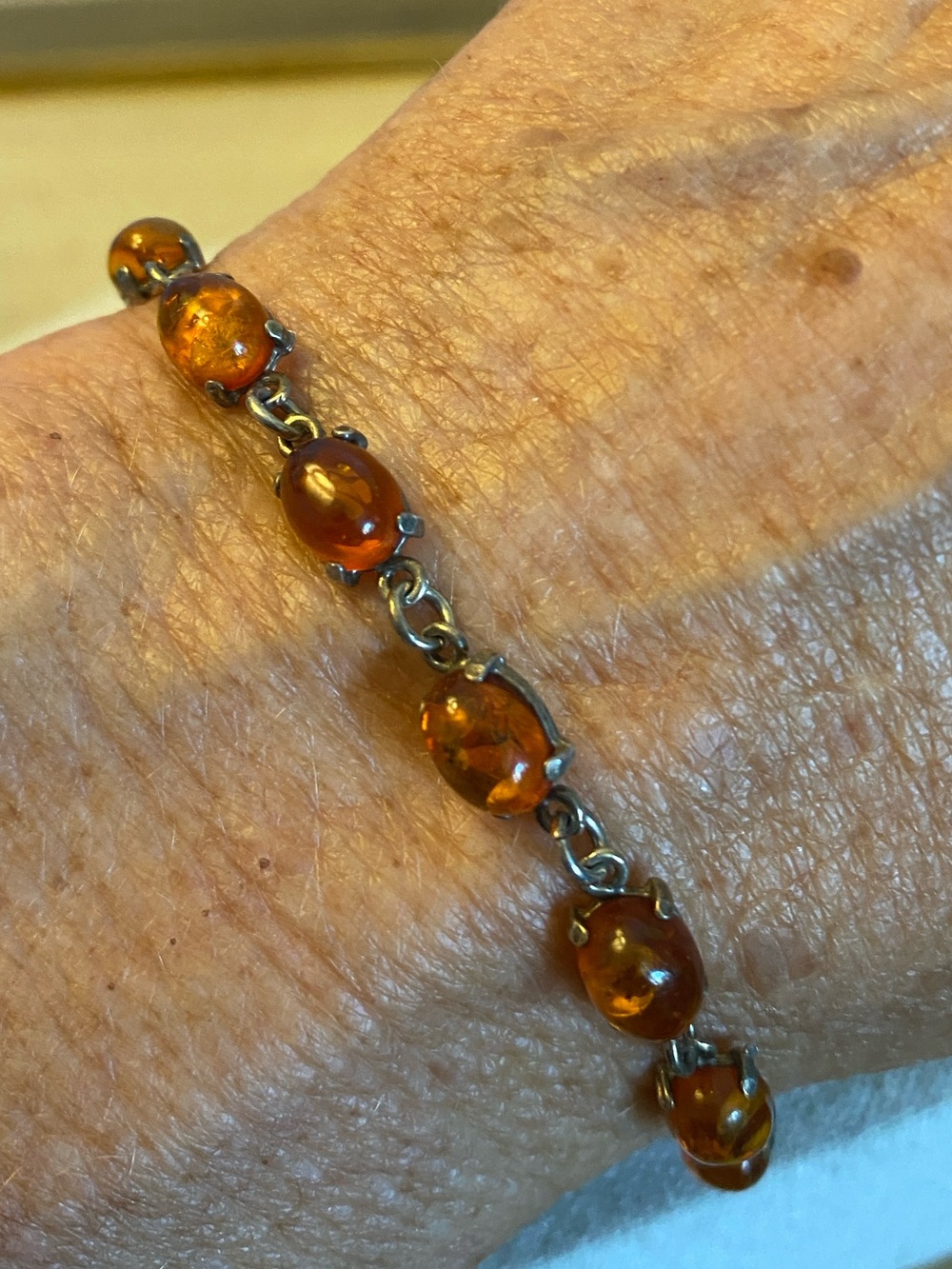 Vintage 925 Sterling Silver Genuine Amber Link Bracelet